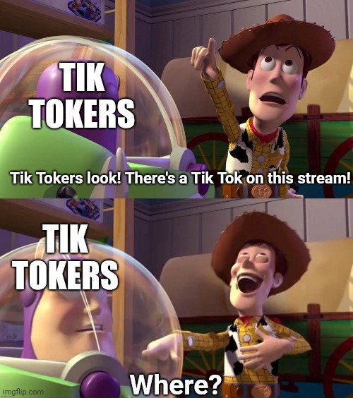 Troll 100 | TIK TOKERS; Tik Tokers look! There's a Tik Tok on this stream! TIK TOKERS; Where? | image tagged in toy story funny scene,memes | made w/ Imgflip meme maker