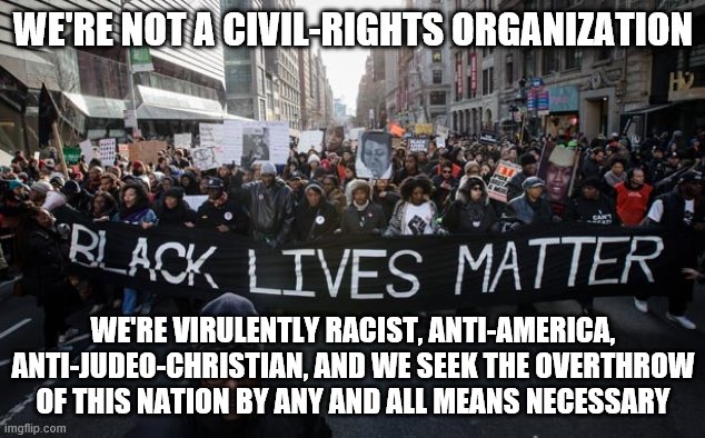 Black lives matter | WE'RE NOT A CIVIL-RIGHTS ORGANIZATION; WE'RE VIRULENTLY RACIST, ANTI-AMERICA, ANTI-JUDEO-CHRISTIAN, AND WE SEEK THE OVERTHROW OF THIS NATION BY ANY AND ALL MEANS NECESSARY | image tagged in black lives matter | made w/ Imgflip meme maker