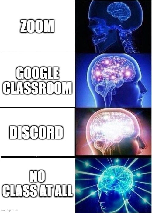 Expanding Brain Meme | ZOOM; GOOGLE CLASSROOM; DISCORD; NO CLASS AT ALL | image tagged in memes,expanding brain | made w/ Imgflip meme maker