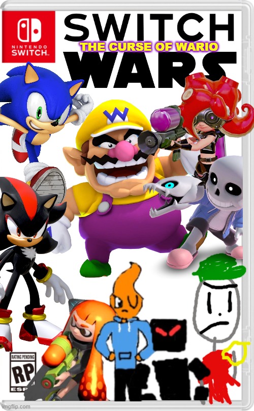 The full collection of Wario's deaths are here! | THE CURSE OF WARIO | image tagged in nintendo switch cartridge case,wario,switch wars,ocs,sonic the hedgehog,splatoon | made w/ Imgflip meme maker