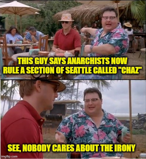 See Nobody Cares | THIS GUY SAYS ANARCHISTS NOW RULE A SECTION OF SEATTLE CALLED "CHAZ"; SEE, NOBODY CARES ABOUT THE IRONY | image tagged in memes,see nobody cares,anarchy,seattle | made w/ Imgflip meme maker