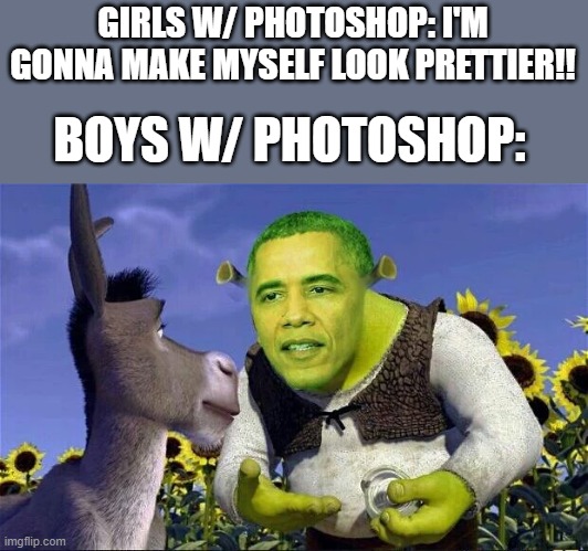 Shrock Obama. |  BOYS W/ PHOTOSHOP:; GIRLS W/ PHOTOSHOP: I'M GONNA MAKE MYSELF LOOK PRETTIER!! | image tagged in shrek,donkey,barack obama,shreck | made w/ Imgflip meme maker