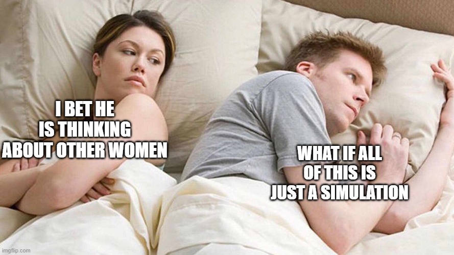 I Bet He's Thinking About Other Women Meme | I BET HE IS THINKING ABOUT OTHER WOMEN; WHAT IF ALL OF THIS IS JUST A SIMULATION | image tagged in i bet he's thinking about other women | made w/ Imgflip meme maker