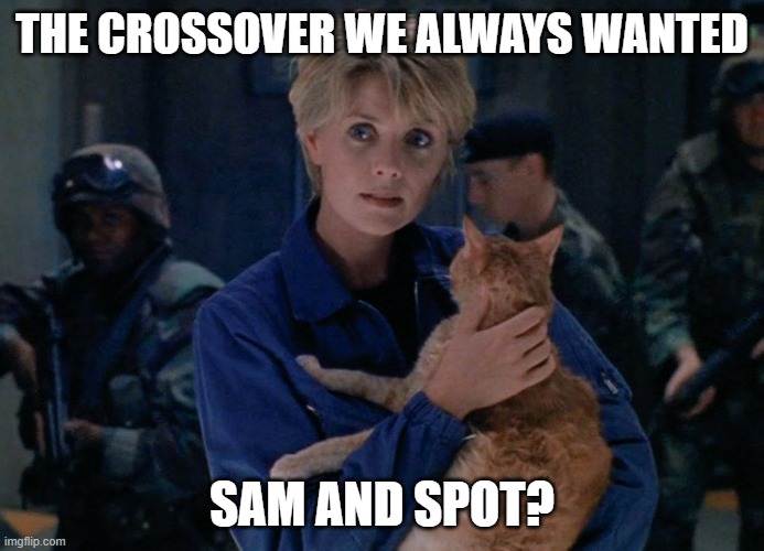 Sam and Spot the Stargate, Star Trek crossover | THE CROSSOVER WE ALWAYS WANTED; SAM AND SPOT? | image tagged in star trek,stargate | made w/ Imgflip meme maker