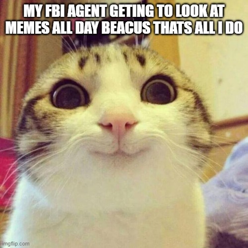 Smiling Cat Meme | MY FBI AGENT GETING TO LOOK AT MEMES ALL DAY BEACUS THATS ALL I DO | image tagged in memes,smiling cat | made w/ Imgflip meme maker