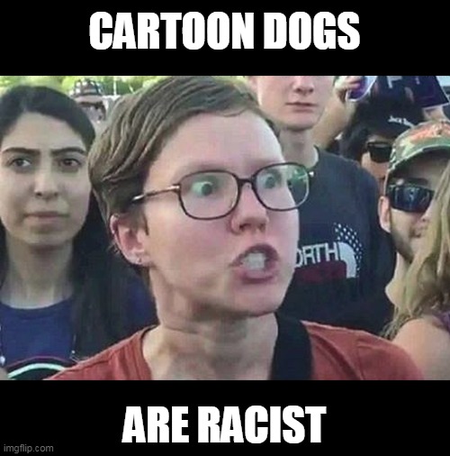 Triggered Liberal | CARTOON DOGS ARE RACIST | image tagged in triggered liberal | made w/ Imgflip meme maker