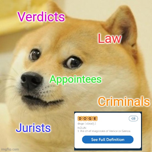 Doge is actually a real word | Verdicts; Law; Appointees; Criminals; Jurists | image tagged in memes,doge | made w/ Imgflip meme maker