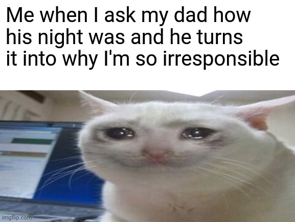 Me when I ask my dad how his night was and he turns it into why I'm so irresponsible | image tagged in memes,cat | made w/ Imgflip meme maker