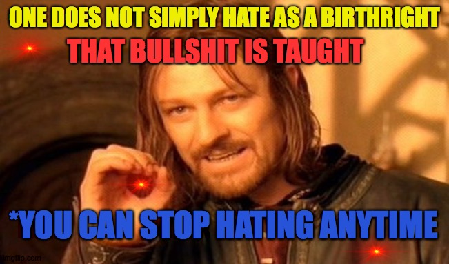 Spread Love always | THAT BULLSHIT IS TAUGHT; ONE DOES NOT SIMPLY HATE AS A BIRTHRIGHT; *YOU CAN STOP HATING ANYTIME | image tagged in memes,one does not simply,hate,spread love,2020,knowledge | made w/ Imgflip meme maker