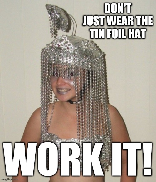 I made this before, but with a smaller, blurry picture, so I decided to fix it. | DON'T JUST WEAR THE TIN FOIL HAT; WORK IT! | image tagged in bigger tin foil harem girl image,memes | made w/ Imgflip meme maker