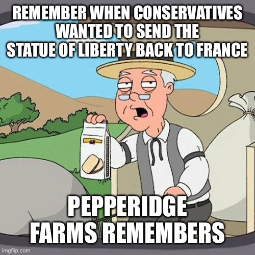 Pepperidge Farm Remembers Meme | REMEMBER WHEN CONSERVATIVES WANTED TO SEND THE STATUE OF LIBERTY BACK TO FRANCE PEPPERIDGE FARMS REMEMBERS | image tagged in memes,pepperidge farm remembers | made w/ Imgflip meme maker