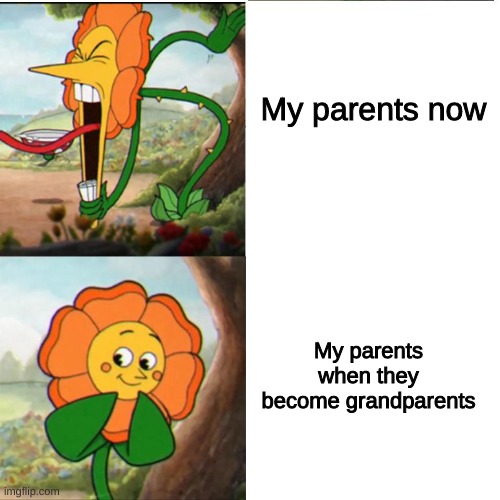 Parents... | My parents now; My parents when they become grandparents | image tagged in cuphead flower | made w/ Imgflip meme maker