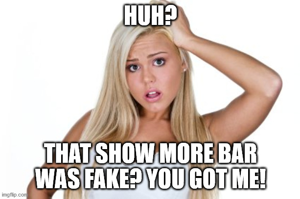 Dumb Blonde | HUH? THAT SHOW MORE BAR WAS FAKE? YOU GOT ME! | image tagged in dumb blonde | made w/ Imgflip meme maker