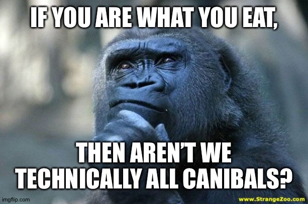 Deep Thoughts | IF YOU ARE WHAT YOU EAT, THEN AREN’T WE TECHNICALLY ALL CANIBALS? | image tagged in deep thoughts | made w/ Imgflip meme maker