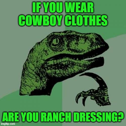 Philosoraptor | IF YOU WEAR COWBOY CLOTHES; ARE YOU RANCH DRESSING? | image tagged in memes,philosoraptor | made w/ Imgflip meme maker