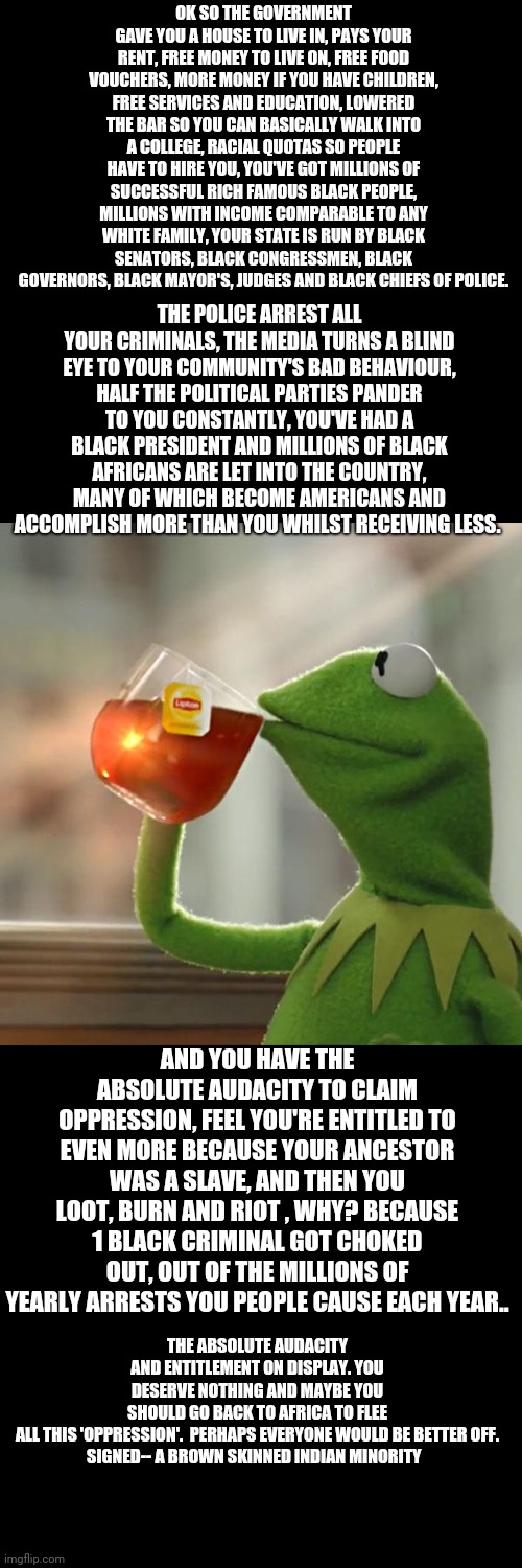 A message from the Indian community to the black community.. | OK SO THE GOVERNMENT GAVE YOU A HOUSE TO LIVE IN, PAYS YOUR RENT, FREE MONEY TO LIVE ON, FREE FOOD VOUCHERS, MORE MONEY IF YOU HAVE CHILDREN, FREE SERVICES AND EDUCATION, LOWERED THE BAR SO YOU CAN BASICALLY WALK INTO A COLLEGE, RACIAL QUOTAS SO PEOPLE HAVE TO HIRE YOU, YOU'VE GOT MILLIONS OF SUCCESSFUL RICH FAMOUS BLACK PEOPLE, MILLIONS WITH INCOME COMPARABLE TO ANY WHITE FAMILY, YOUR STATE IS RUN BY BLACK SENATORS, BLACK CONGRESSMEN, BLACK GOVERNORS, BLACK MAYOR'S, JUDGES AND BLACK CHIEFS OF POLICE. THE POLICE ARREST ALL YOUR CRIMINALS, THE MEDIA TURNS A BLIND EYE TO YOUR COMMUNITY'S BAD BEHAVIOUR, HALF THE POLITICAL PARTIES PANDER TO YOU CONSTANTLY, YOU'VE HAD A BLACK PRESIDENT AND MILLIONS OF BLACK AFRICANS ARE LET INTO THE COUNTRY, MANY OF WHICH BECOME AMERICANS AND ACCOMPLISH MORE THAN YOU WHILST RECEIVING LESS. AND YOU HAVE THE ABSOLUTE AUDACITY TO CLAIM OPPRESSION, FEEL YOU'RE ENTITLED TO EVEN MORE BECAUSE YOUR ANCESTOR WAS A SLAVE, AND THEN YOU LOOT, BURN AND RIOT , WHY? BECAUSE 1 BLACK CRIMINAL GOT CHOKED OUT, OUT OF THE MILLIONS OF YEARLY ARRESTS YOU PEOPLE CAUSE EACH YEAR.. THE ABSOLUTE AUDACITY AND ENTITLEMENT ON DISPLAY. YOU DESERVE NOTHING AND MAYBE YOU SHOULD GO BACK TO AFRICA TO FLEE ALL THIS 'OPPRESSION'.  PERHAPS EVERYONE WOULD BE BETTER OFF.

SIGNED-- A BROWN SKINNED INDIAN MINORITY | image tagged in memes,but that's none of my business,kermit the frog | made w/ Imgflip meme maker