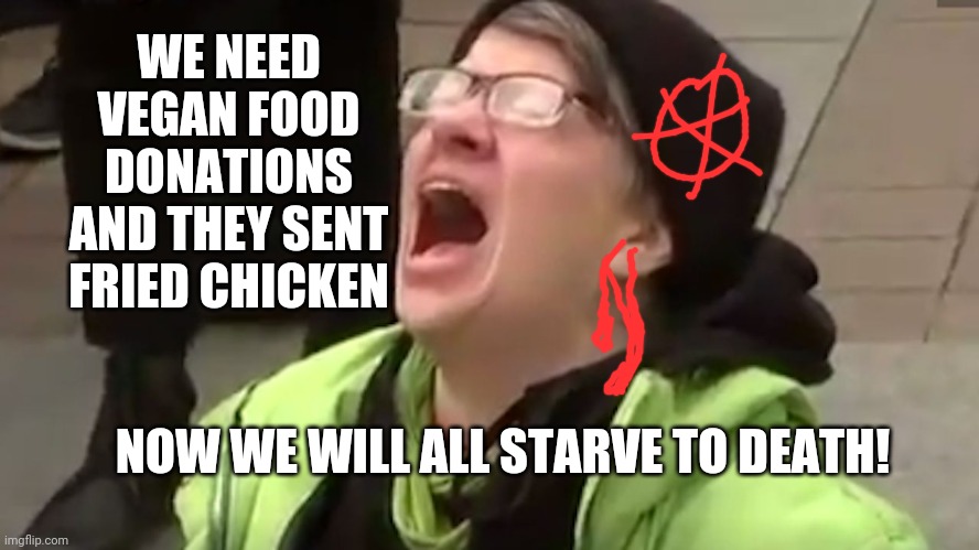 Screaming Liberal  | WE NEED VEGAN FOOD DONATIONS AND THEY SENT FRIED CHICKEN; NOW WE WILL ALL STARVE TO DEATH! | image tagged in screaming liberal | made w/ Imgflip meme maker