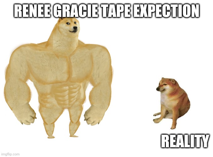 Renee gracie | RENEE GRACIE TAPE EXPECTION; REALITY | image tagged in big dog small dog,renee gracie | made w/ Imgflip meme maker