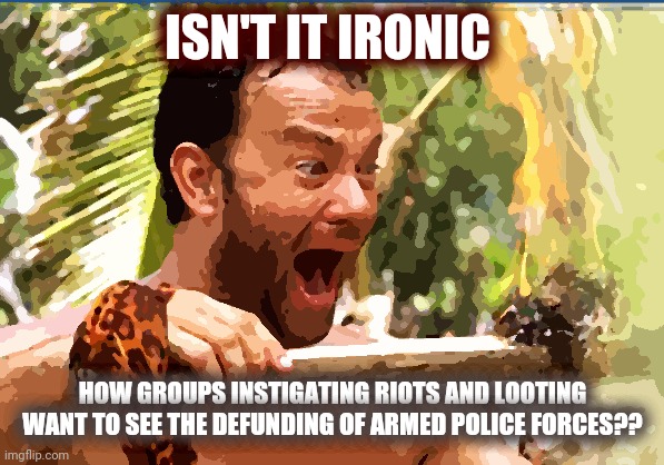 Castaway Fire Meme | ISN'T IT IRONIC; HOW GROUPS INSTIGATING RIOTS AND LOOTING WANT TO SEE THE DEFUNDING OF ARMED POLICE FORCES?? | image tagged in memes,castaway fire | made w/ Imgflip meme maker