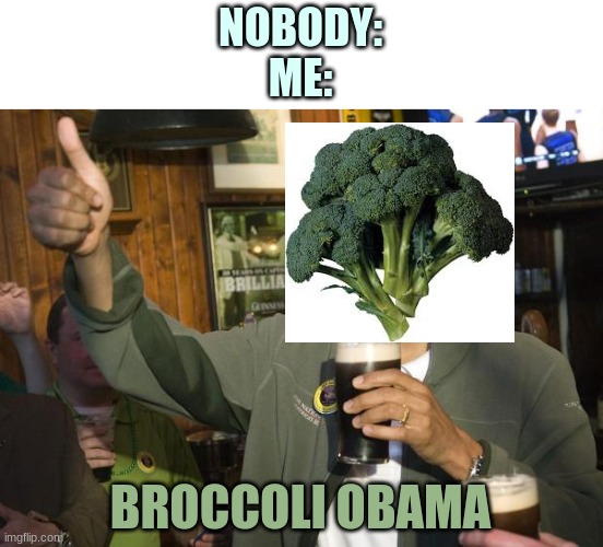 Lol broccoli Obama | NOBODY:
ME:; BROCCOLI OBAMA | image tagged in not bad,broccoli | made w/ Imgflip meme maker
