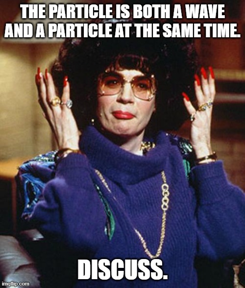Double Slit | THE PARTICLE IS BOTH A WAVE AND A PARTICLE AT THE SAME TIME. DISCUSS. | image tagged in coffee talk with linda richman | made w/ Imgflip meme maker
