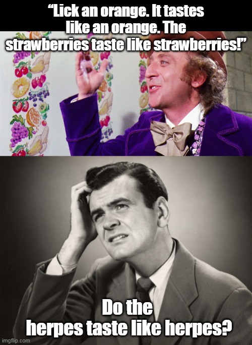 Think Twice Before You Lick the Wall My Friends! | “Lick an orange. It tastes like an orange. The strawberries taste like strawberries!”; Do the 
herpes taste like herpes? | image tagged in willy wonka,funny memes | made w/ Imgflip meme maker