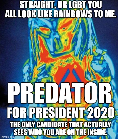 Predator for lgbt | STRAIGHT, OR LGBT YOU ALL LOOK LIKE RAINBOWS TO ME. PREDATOR; FOR PRESIDENT 2020; THE ONLY CANDIDATE THAT ACTUALLY SEES WHO YOU ARE ON THE INSIDE. | image tagged in predator,lgbt | made w/ Imgflip meme maker