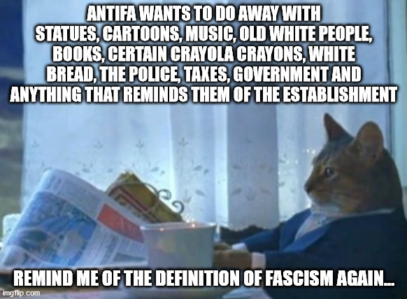 Antifa = Fascism Like a sheep in wolves clothing | ANTIFA WANTS TO DO AWAY WITH STATUES, CARTOONS, MUSIC, OLD WHITE PEOPLE, BOOKS, CERTAIN CRAYOLA CRAYONS, WHITE BREAD, THE POLICE, TAXES, GOVERNMENT AND ANYTHING THAT REMINDS THEM OF THE ESTABLISHMENT; REMIND ME OF THE DEFINITION OF FASCISM AGAIN... | image tagged in memes,antifa,the left | made w/ Imgflip meme maker