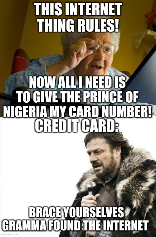 THIS INTERNET THING RULES! NOW ALL I NEED IS TO GIVE THE PRINCE OF NIGERIA MY CARD NUMBER! CREDIT CARD:; BRACE YOURSELVES GRAMMA FOUND THE INTERNET | image tagged in memes,brace yourselves x is coming,grandma finds the internet | made w/ Imgflip meme maker