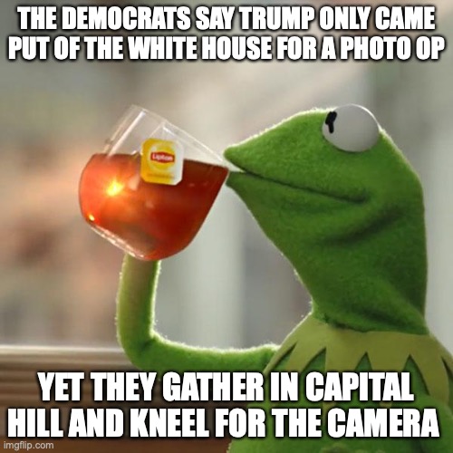But That's None Of My Business | THE DEMOCRATS SAY TRUMP ONLY CAME PUT OF THE WHITE HOUSE FOR A PHOTO OP; YET THEY GATHER IN CAPITAL HILL AND KNEEL FOR THE CAMERA | image tagged in memes,but that's none of my business,kermit the frog | made w/ Imgflip meme maker