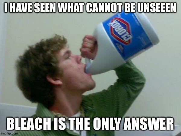 drink bleach | I HAVE SEEN WHAT CANNOT BE UNSEEEN; BLEACH IS THE ONLY ANSWER | image tagged in drink bleach | made w/ Imgflip meme maker