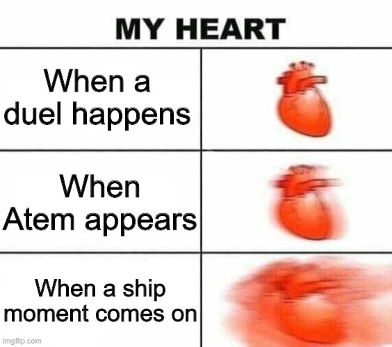 My heart blank | When a duel happens; When Atem appears; When a ship moment comes on | image tagged in my heart blank,yugioh,puzzleshipping,yami yugi,yugi muto,atem | made w/ Imgflip meme maker