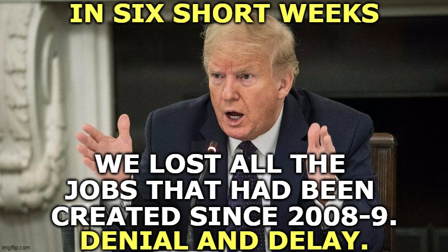 If Trump had worried about the country instead of about his reelection, we wouldn't be in this shit. Denial and delay. | IN SIX SHORT WEEKS; WE LOST ALL THE 
JOBS THAT HAD BEEN 
CREATED SINCE 2008-9. DENIAL AND DELAY. | image tagged in trump explains bullshit and expects you to believe it,trump,denial,selfishness,jobs,unemployment | made w/ Imgflip meme maker
