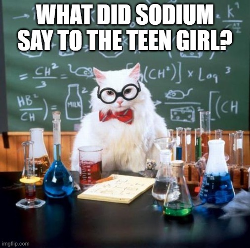 Sodium says... | WHAT DID SODIUM SAY TO THE TEEN GIRL? | image tagged in memes,chemistry cat,chemistry | made w/ Imgflip meme maker