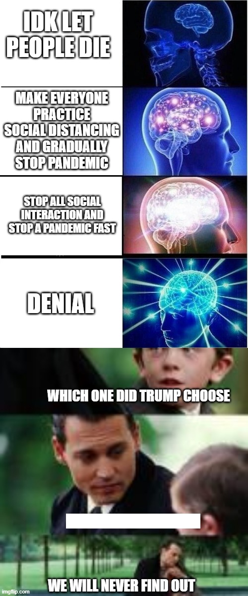 Trumps decision on covid | IDK LET PEOPLE DIE; MAKE EVERYONE PRACTICE SOCIAL DISTANCING AND GRADUALLY STOP PANDEMIC; STOP ALL SOCIAL INTERACTION AND STOP A PANDEMIC FAST; DENIAL; WHICH ONE DID TRUMP CHOOSE; WE WILL NEVER FIND OUT | image tagged in memes,expanding brain | made w/ Imgflip meme maker