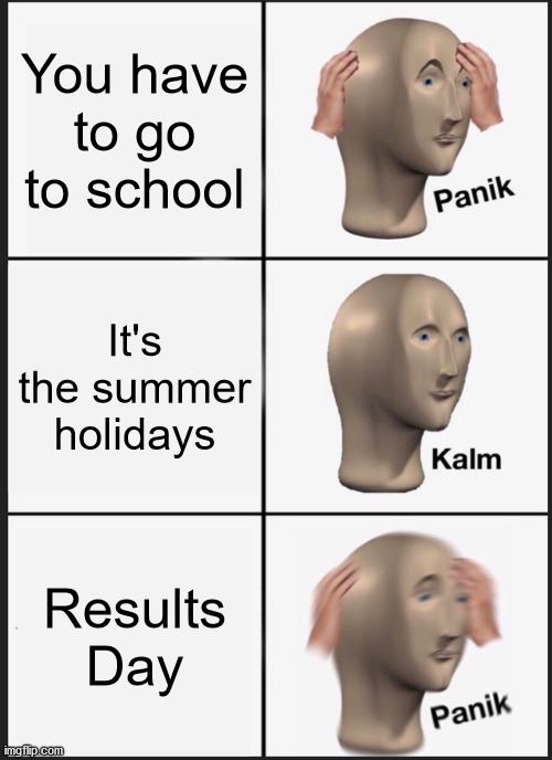 Panik Kalm Panik Meme | You have to go to school; It's the summer holidays; Results Day | image tagged in memes,panik kalm panik | made w/ Imgflip meme maker