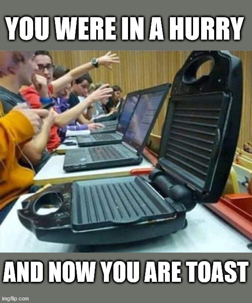 back when laptops weighed a ton.. | YOU WERE IN A HURRY; AND NOW YOU ARE TOAST | image tagged in toast,laptop | made w/ Imgflip meme maker