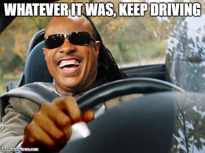 Stevie Wonder Driving | WHATEVER IT WAS, KEEP DRIVING | image tagged in stevie wonder driving | made w/ Imgflip meme maker