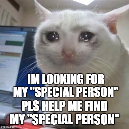 Sad cat tears | IM LOOKING FOR MY "SPECIAL PERSON"; PLS HELP ME FIND MY "SPECIAL PERSON" | image tagged in sad cat tears | made w/ Imgflip meme maker