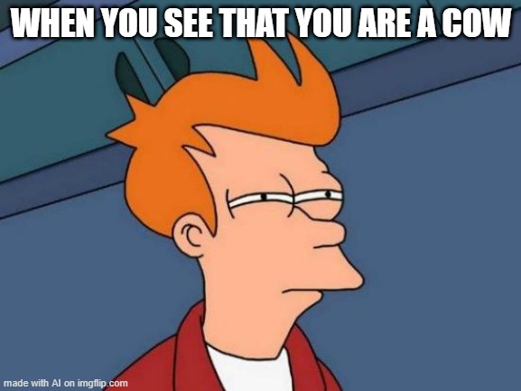 moo | WHEN YOU SEE THAT YOU ARE A COW | image tagged in memes,futurama fry | made w/ Imgflip meme maker