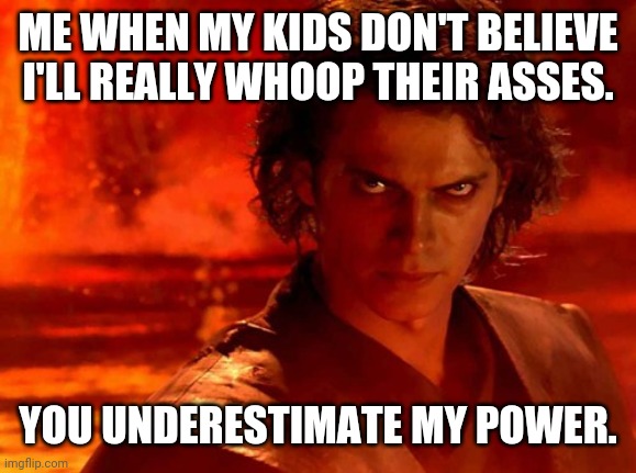 You Underestimate My Power Meme | ME WHEN MY KIDS DON'T BELIEVE I'LL REALLY WHOOP THEIR ASSES. YOU UNDERESTIMATE MY POWER. | image tagged in memes,you underestimate my power | made w/ Imgflip meme maker
