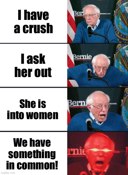 I have something in common with my crush! | I have a crush; I ask her out; She is into women; We have something in common! | image tagged in bernie sanders reaction nuked | made w/ Imgflip meme maker