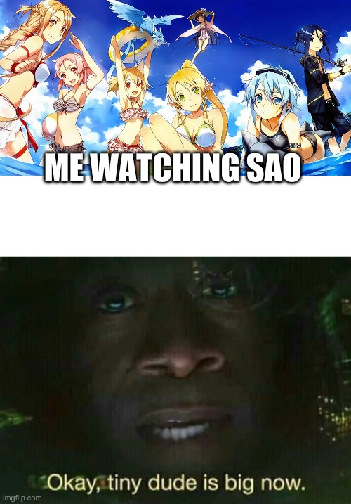 ME WATCHING SAO | image tagged in okay tiny dude is big now,sao,marvel,iron man,funny | made w/ Imgflip meme maker