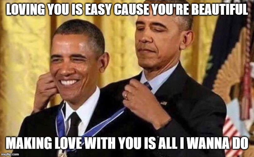 Loving You | LOVING YOU IS EASY CAUSE YOU'RE BEAUTIFUL; MAKING LOVE WITH YOU IS ALL I WANNA DO | image tagged in obama medal,memes,funny,politics,funny memes | made w/ Imgflip meme maker