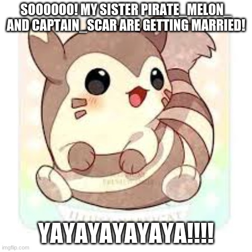 CONGRATULATIONS!!!! *here comes the bride plays in background* | SOOOOOO! MY SISTER PIRATE_MELON_ AND CAPTAIN_SCAR ARE GETTING MARRIED! YAYAYAYAYAYA!!!! | image tagged in baby furret,wedding,pirate,melon,captain,scar | made w/ Imgflip meme maker