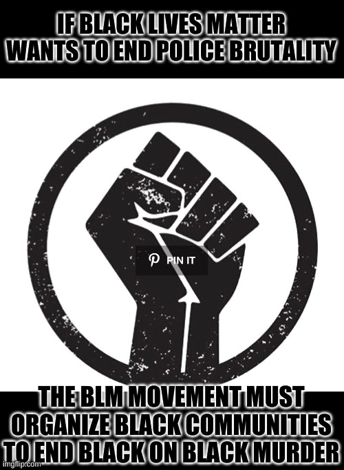 Eliminating Black crime will reduce the presence of police. | IF BLACK LIVES MATTER WANTS TO END POLICE BRUTALITY; THE BLM MOVEMENT MUST ORGANIZE BLACK COMMUNITIES TO END BLACK ON BLACK MURDER | image tagged in blm fist | made w/ Imgflip meme maker