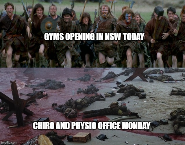 Gym Reopening | GYMS OPENING IN NSW TODAY; CHIRO AND PHYSIO OFFICE MONDAY | image tagged in gym memes,humor | made w/ Imgflip meme maker
