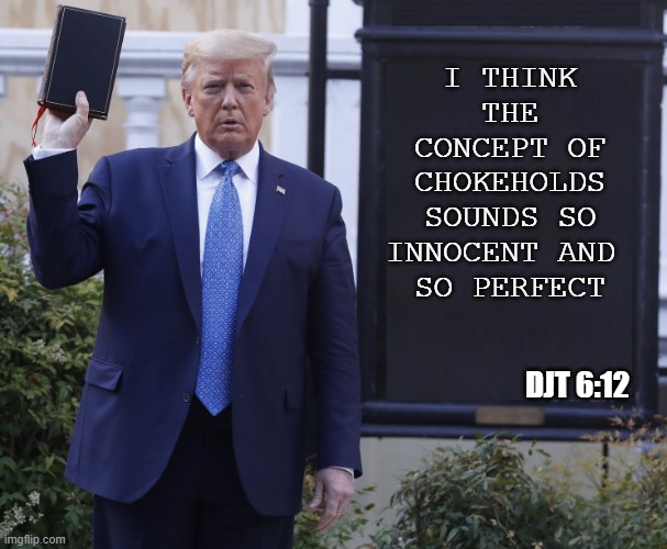 Bible Trumper | I THINK THE CONCEPT OF CHOKEHOLDS SOUNDS SO INNOCENT AND 
SO PERFECT; DJT 6:12 | image tagged in bible trumper | made w/ Imgflip meme maker