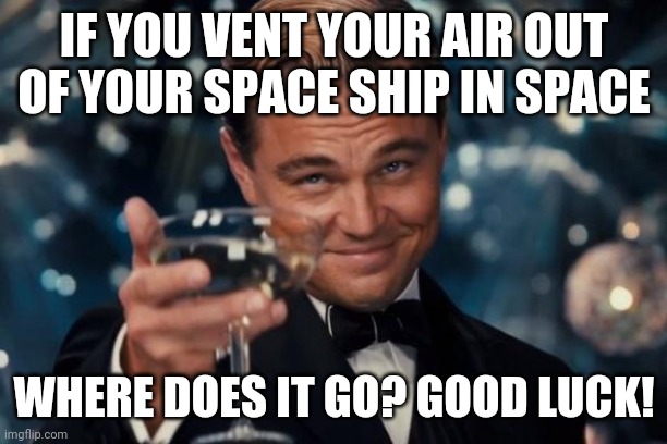 Space | IF YOU VENT YOUR AIR OUT OF YOUR SPACE SHIP IN SPACE; WHERE DOES IT GO? GOOD LUCK! | image tagged in memes,leonardo dicaprio cheers | made w/ Imgflip meme maker
