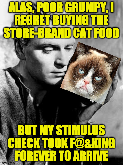 hamlet | ALAS, POOR GRUMPY, I
REGRET BUYING THE
STORE-BRAND CAT FOOD BUT MY STIMULUS CHECK TOOK F@&KING FOREVER TO ARRIVE | image tagged in hamlet | made w/ Imgflip meme maker